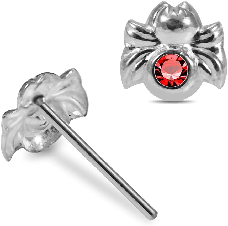 Crystal Stone Spider Design 22 Gauge 925 Sterling Silver Straight Nose Pin - Nose Stud - Tiny Nose Ring - Nose Piercing Body Jewelry