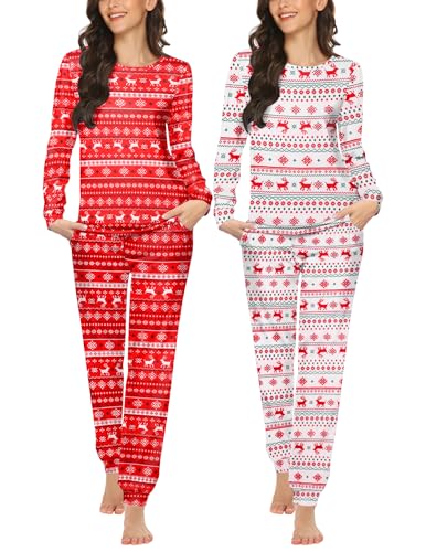 Image of Ekouaer 2 Pack Pajama Sets for Women,Long Sleeve Top With Jogger Pants Lounge Set Sleepwear with Pockets