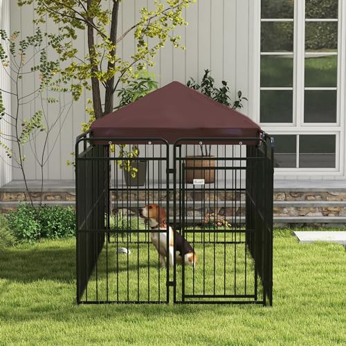 PawHut Zwinger für Hunde im Freien, Hundezwinger mit wasserdichtem Anti-UV-Dach, Metallkäfig für große Hunde, 282x141x159cm, braun