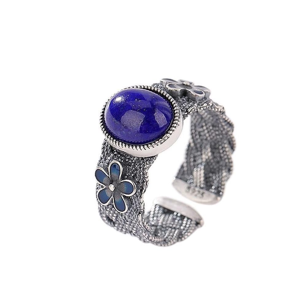HMJGDHX S925 Silber mit natürlichem Lapislazuli, emaillierter Blumen-Ei-Gesichtsring (verstellbare Öffnung), Ring für Damen, echte Jade