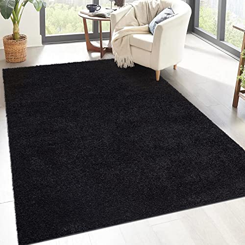 carpet city Shaggy Tapis de salon, à poils longs, motif uni, noir, 160 x 230 cm, doux et moelleux, moderne, convient également à la chambre à coucher