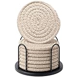 Lazebox Coasters Set of 8 for Drinks, Beer, Coffee, Cotton Woven Absorbent Coaster with Holder, Boho Coasters for Home Decor Tabletop Protection Suitable for Kinds of Cups, Brown