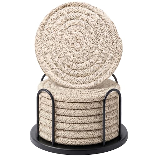 Lazebox Coasters Set of 8 for Drinks, Beer, Coffee, Cotton Woven Absorbent Coaster with Holder, Boho Coasters for Home Decor Tabletop Protection Suitable for Kinds of Cups, Brown