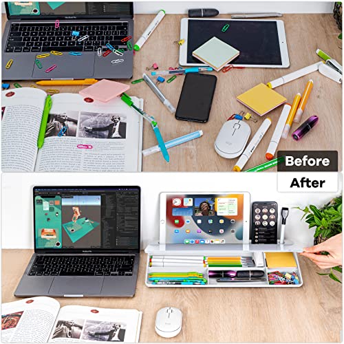 White Glass Desk Whiteboard with Storage for Home Office and School Supplies