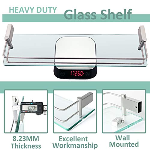 Image of SAYAYO Tempered Glass Shelf Bathroom Shelf with Rail Wall Mounted 20 inches, Stainless Steel Brushed Finished, EGC1000