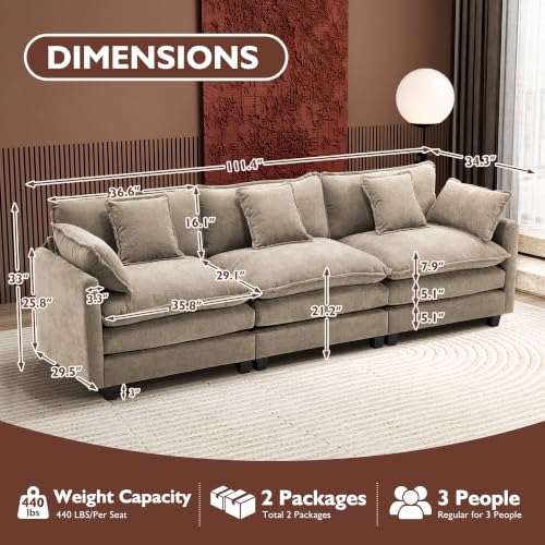 Image of Ihanherry 111.4 Inch 3-Seater Cloud Sofa, Modular Sectional Couch, Modern Deep Seat Sofa for Living Room, Comfy Double Layer Upholstered Seat Cushion, Breathable Chenille Fabric,Sand