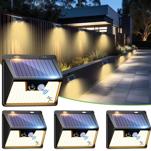 nipify Solar Lights Outdoor Motion Sensor, 4 Pack 140LED 3 Modes IP65 Waterproof Durable Solar Powered Wall Lights for Outside Garden Fence Yard Garage, Warm White