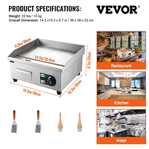 VEVOR Electric Countertop Griddle, 14-Inch, 1500W Grill with Adjustable Temperature Control 122°F-572°F, Non-Stick Commercial Restaurant Grill, 110V Stainless Steel Flat Top Grill - Image 8