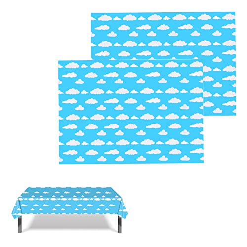 KINBOM 2 Pièces 137 x 274 cm/ 54 x 108 Pouces Nappe de Table Bleu Ciel Nuage, Blanc Nappes de Fête pour Tables Rectangulaires Nappes de Dessin Animé pour Fête d'anniversaire Cover
