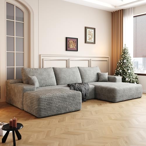 RENDGO 108" Cloud Boneless Sectional Couch for Living Room,Modular U Shaped Couch with Deep Seat,Removable Ottoman,Memory Foam Compressed Spineless 4 Seater Sofa for Apartment,Grey