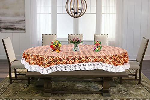 Image of The Furnishing Tree Waterproof PVC Oval Shaped Center Table Cover WxL 40x60 inches Surface Pattern Brown with White Border lace
