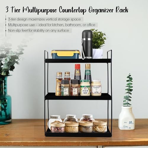 Image of Niyara Iron Metal Heavy Duty Stand 3-Tier multistorage /Multipurpose Standing Rack, Bathroom Countertop Storage Shelf Cosmetic Organizer Holder Kitchen Spice Rack (Square Black)