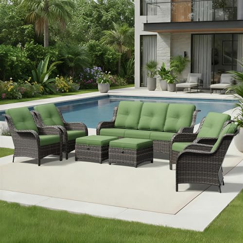 Image of Joyside 7 Piece Wicker Patio Furniture Set, Rattan Patio Chairs with High Back, Deep Seating, Wide Armrest, Thickened Cushions, Outdoor Furniture for Deck, Porch Use