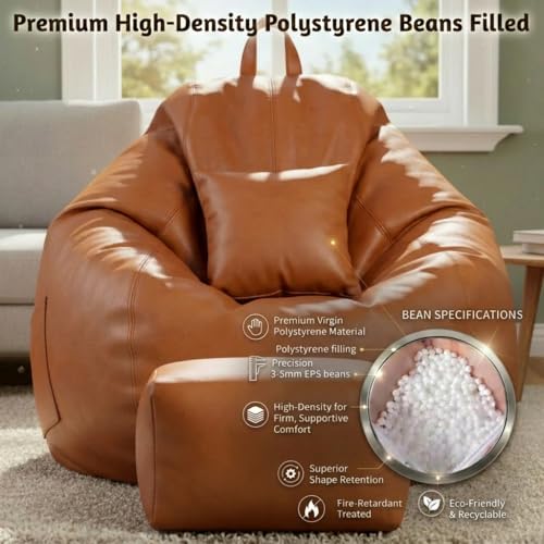 Image of KAM'S LIEU 5XL Luxury Faux Leather Bean Bag with Footrest & Cushion | Pre-Filled High-Density Polystyrene Beans | Premium Leatherette | 6 Months Warranty Color- (Tan, Without Footrest)