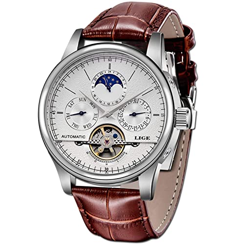 carlien Moon Phase Automatic Watch Men Chronograph Tourbillon Skeleton Mechanical Multifunction Watches (Silver Gold Black)