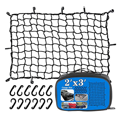 2x3 Bungee Cargo Net Stretches to 4x6 for Truck Bed Pickup Bed Trailer Motorcycle and Bike with 6 Adjustable Hooks Heavy Duty 5mm 2x2 Mesh Holds Small and Large Loads by Cenipar