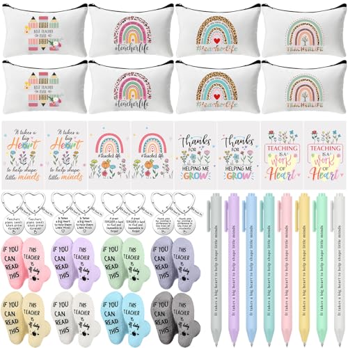 Fulmoon 40 Pcs Christmas Teacher Appreciation Gifts Thank You Gifts Bulk Socks Makeup Bags Keychains Motivational Notebooks Ballpoints (Candy Color,Best Teacher Ever)