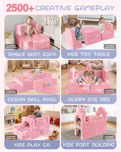 Image of YEFU 15pcs Modular Kids Play Couch,1000+ Imagination Creative Play | for kids ages 1+,7 shapes,countless configurations,30D high-density foam,fort building,washable cover, playroom,birthday gift