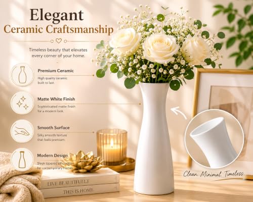 Image of White Ceramic Flower Vase for Home Decor, Modern Decorative Vase for Living Room, Bedroom & Office, Minimalist Table Centerpiece for Roses, Tulips, Baby's Breath & Artificial Flowers