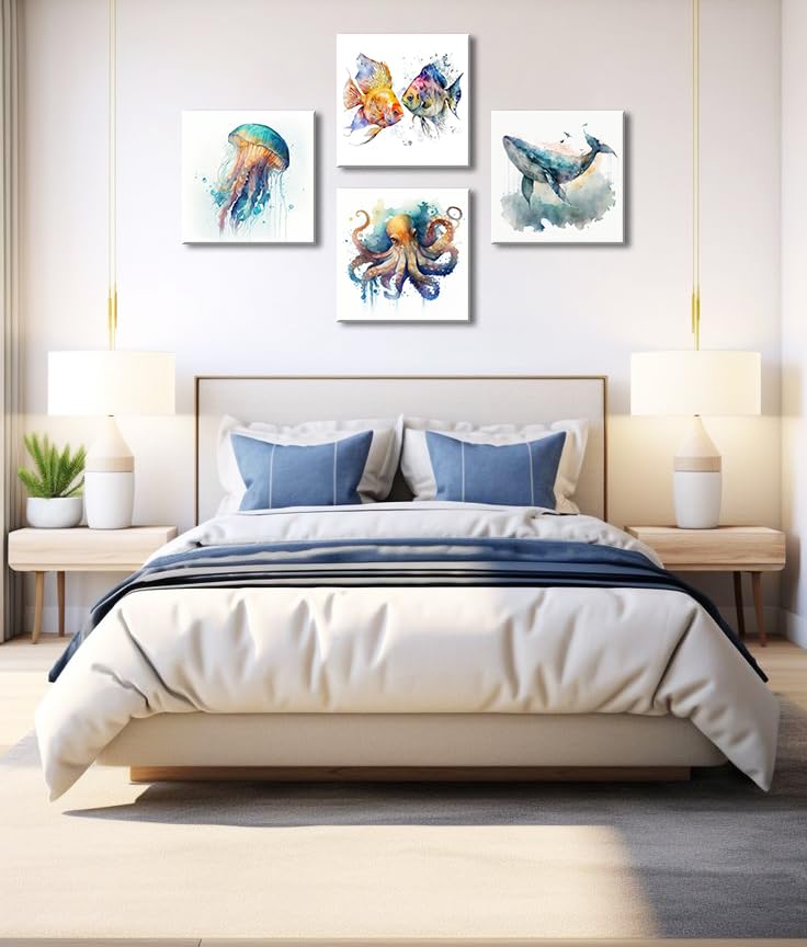 Image of Colorful Marine Life Canvas Wall Art for Bathroom Decor, Green Jellyfish Picture Print, Watercolor Fish Artwork Sea Life Blue Orange Octopus Painting Poster for Bedroom Living Room Decoration 12 inchx12 inch