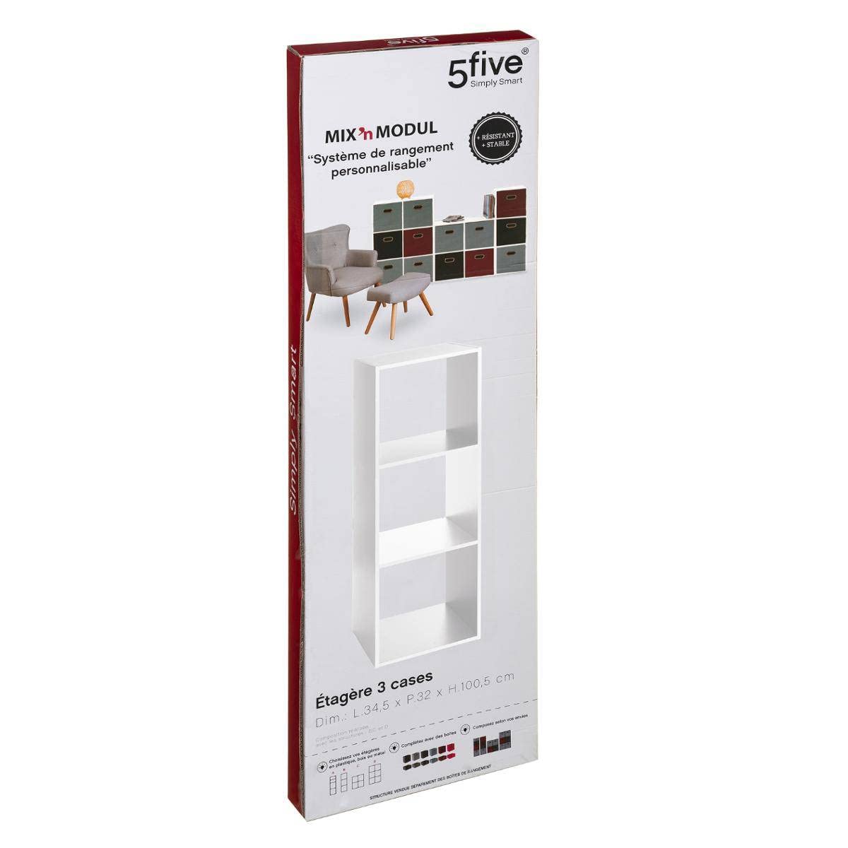 5 five simply smart 5five - Étagère Colonne Mix'N'Modul Blanche - 3 Cases, L 34,5 x P 32 x H 100,5 cm - Meuble de Rangement pour Salon, Chambre, Bureau