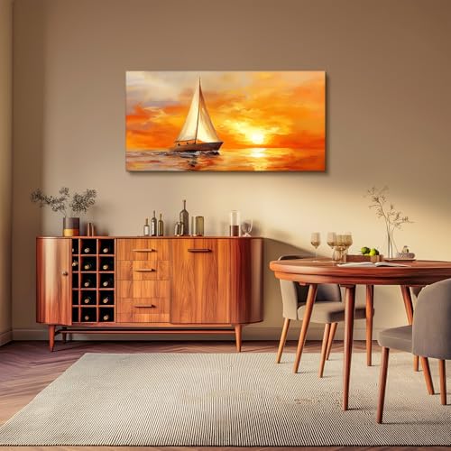 SERIMINO Sailboat Large Wall Art, Ocean Sunset Landscape Canvas Painting, Nature Nautical Scenery Art Prints, Orange Aesthetic Pictures Wall Decor Living Room Bedroom Bathroom Home Office 24"X48"