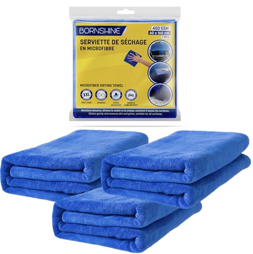 Bornshine – 3 piezas – XXL 60 x 160 cm 450 GSM paño de microfibra para el coche – Microfibra para coche, paño sin huellas, toalla de microfibra perfecta para el mantenimiento automático