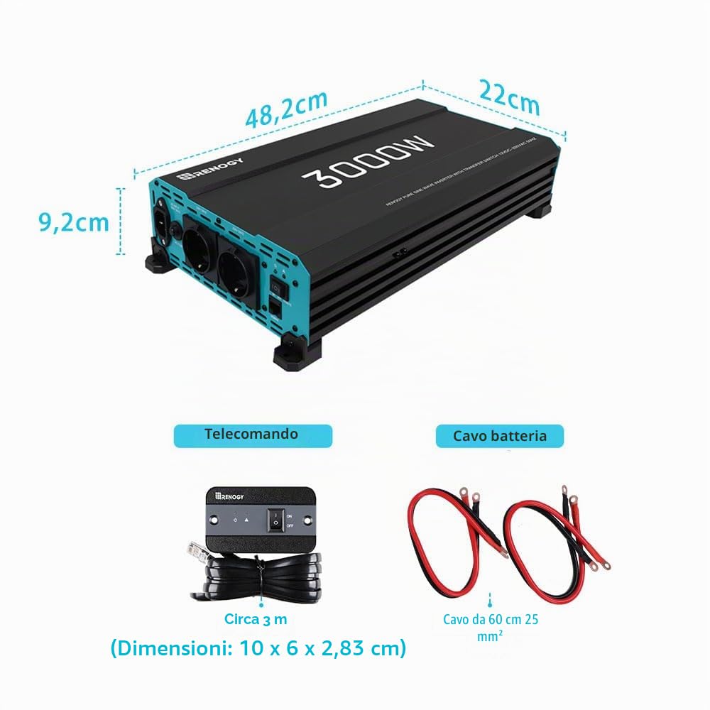 Renogy Inverter sinusoidale puro da 3000 W/6000 W da 12 V a 230 V con priorità di alimentazione, convertitore di tensione da 12 V a 230 V con 2 prese europee per elettrodomestici, camper