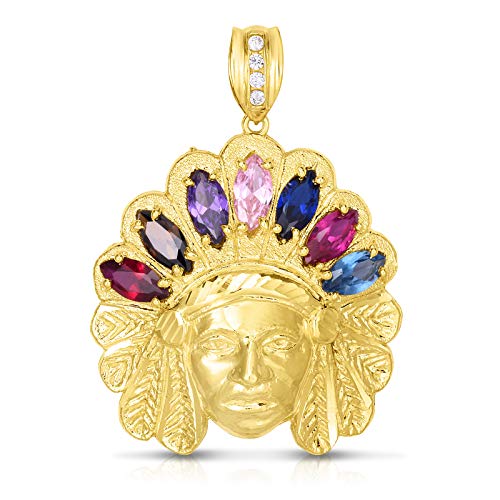 Floreo 10k Yellow Gold Multi Color Gemstone and CZ Native American Indian Tribal Chief Head Pendant