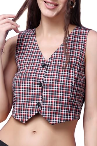 Image of POPWINGS Casual Check Printed V-Neck Sleeveless Button Closure Waistcoat Crop Top for Women || Stylish Western Woman Crop Top for Summer || Sleeveless V-Neck Crop Tops for Women
