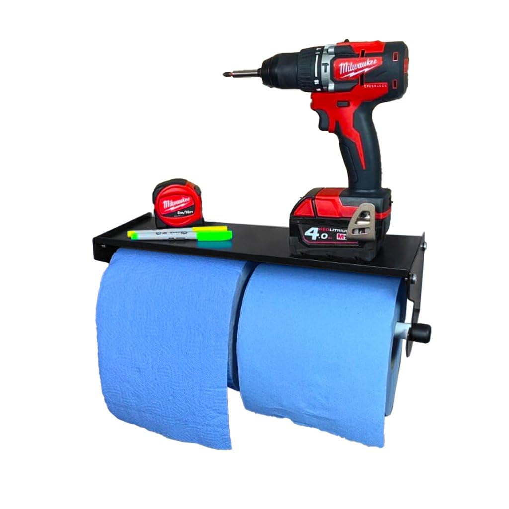 Megamaxx Blue Uk™ Dual Roll & Paper Towel Holder With Shelf - Wall Mountable Toilet Roll, Janitorial Sanitation, Restroom, Industrial Workshop, Office (Blue)