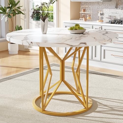 Merax Table à manger ronde de 100 cm pour 4 à 6 personnes - Table de cuisine moderne avec plateau en MDF marbré et pieds en métal doré - Pour salon, salle...