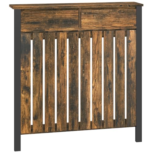 HOMCOM Cubierta de radiador con cajón, parrilla vertical de listones, madera MDF industrial, cubierta de calefacción para sala de estar, dormitorio, pasillo, pequeña, 88,5 x 19 x 93 cm, marrón rústico