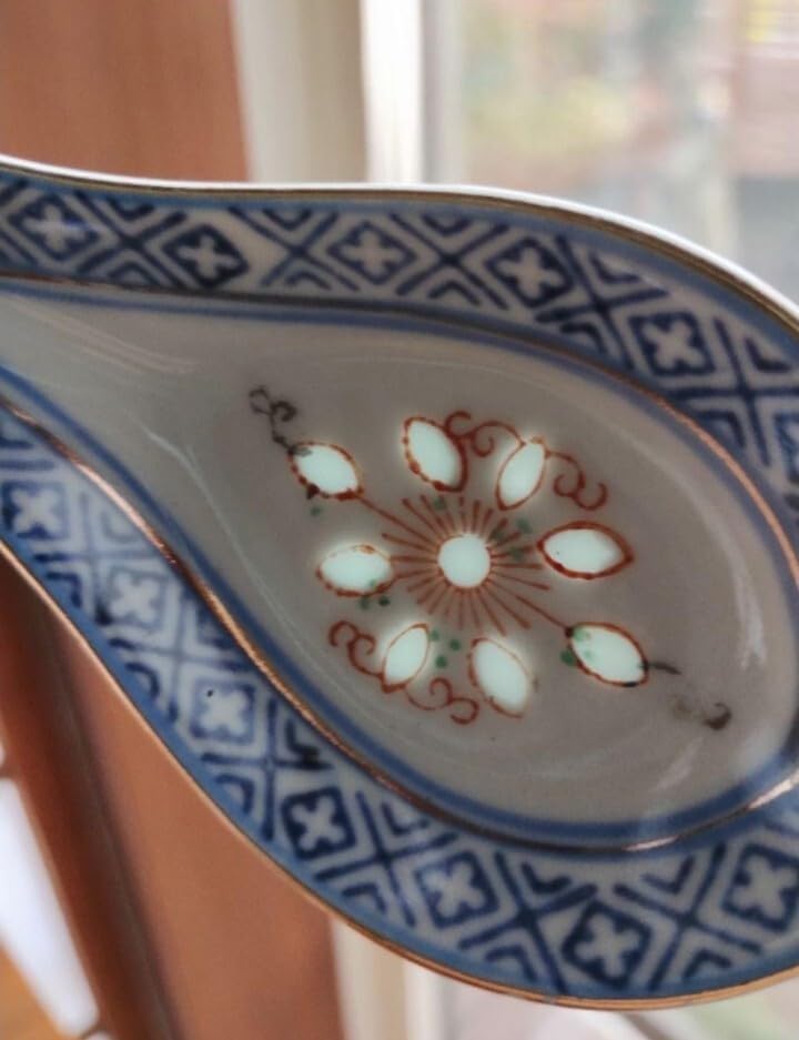 中国 景徳鎮 蛍焼き 赤絵 金彩入り 青花 茶碗5客 レンゲ5本