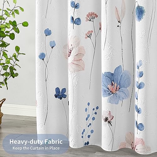 Image of QIYI Small Stall Half Watercolor Floral Shower Curtain, 3D Embossed Butterflies Blue Flower Cloth Bathroom Curtain, Waterproof Fabric White Shower Curtain Set with Hooks
