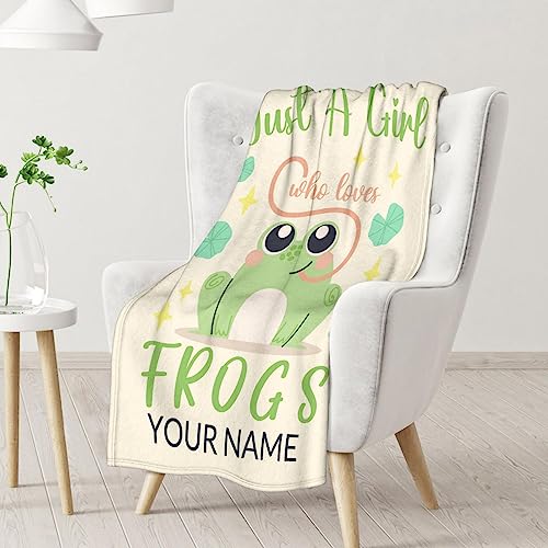 Personalized Frog Blanket Gifts with Name - 60x80 Inches Cute Throw for Girls - Green Soft Fuzzy Blankets for Bed, Couch & Living Room