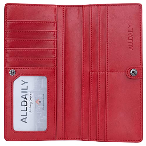Image of Alldaily Ultra Slim Thin Women Wallet RFID Blocking Credit Card Holder Bifold Long Ladies Billfold (Red)