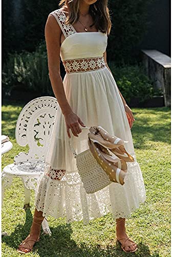 Jastie Summer Boho Lace Slip Women Long Dress Square Neck Knitted Flower Maxi Dress Elegant Retro Chic Clothing (White, Small) #TOP1