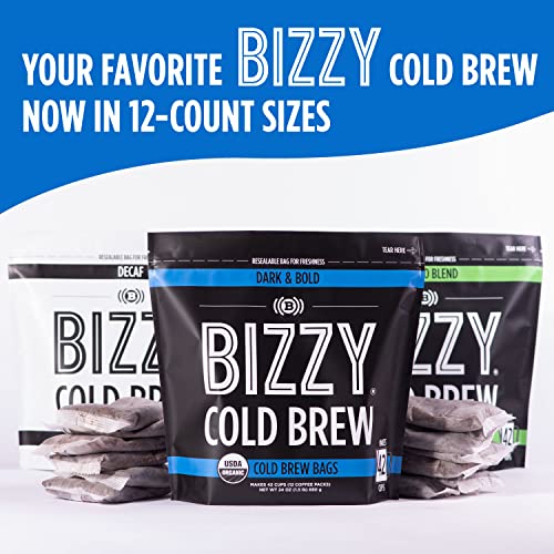 Bizzy Organic Cold Brew Coffee | Dark & Bold Blend | Coarse Ground Coffee | Micro Sifted | Specialty Grade | 100% Arabica | Brew Bags | 12 Count | Makes 42 Cups #TOP7