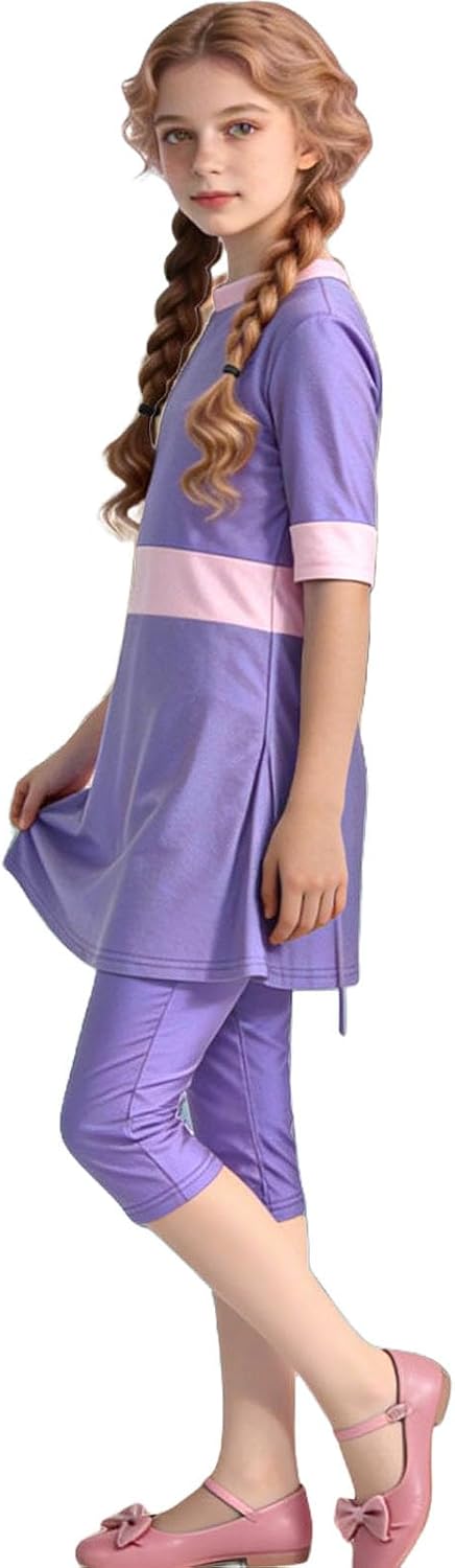 Girls Short Sleeve Modest Swim Dress with Capri Leggings Two Piece Color Block Rash Guard Set Sun Protective Wear