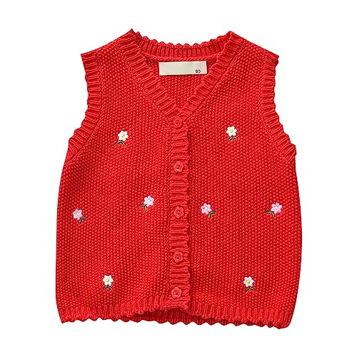 Toddler Girls Floral Knit Sweater Vest | Sleeveless V-Neck Cardigan | Baby Button Down Embroidered Tank Tops Clothes
