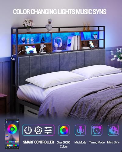 Hzuaneri Headboard with 3-Tier Storage Shelves, Velvet Upholstered Head Board with 2 Outlets, USB Ports & LED Light, Soft Backrest for King Size Bed Rustic Brown and Black BH19401B - Thumbnail 4