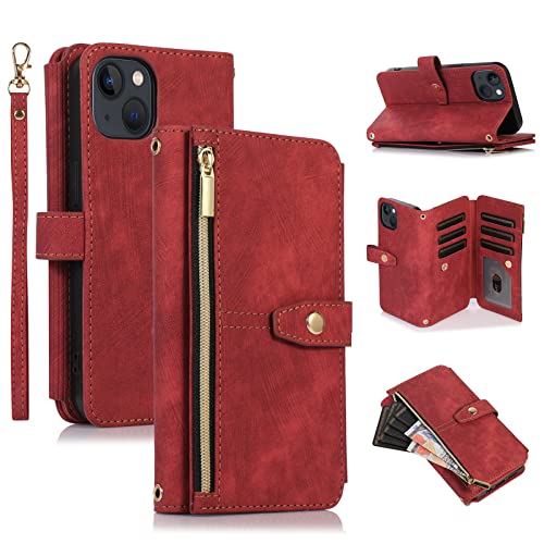 UEEBAI Case for iPhone 13 iPhone 14 6.1 inch, 9 Card Slots Retro Leather Wallet Shockproof Flip Cover with Hand Strap Card Slots Zipper Pocket Kickstand Handbag Magnetic Closure - Retro Red Wine