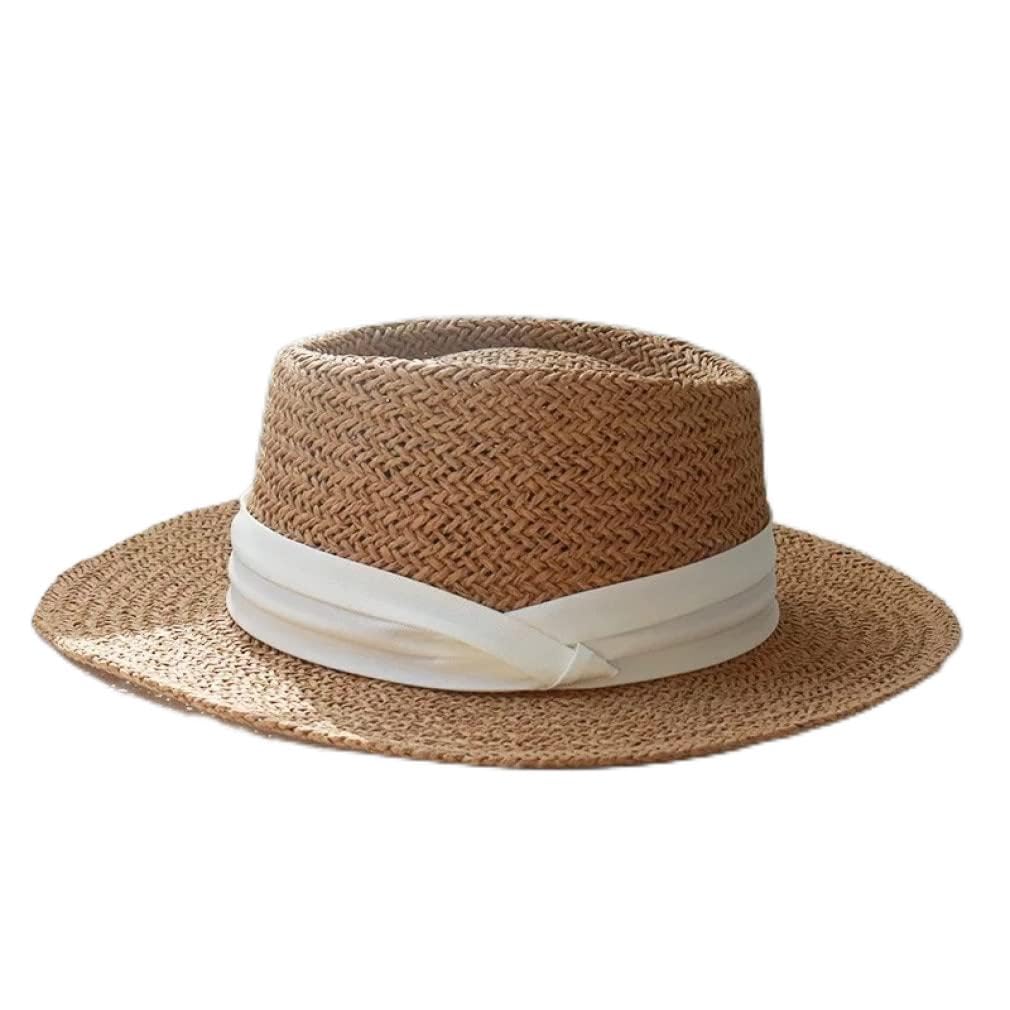 Cappello di Paglia Naturale da Donna Cappello Estivo da Spiaggia per Donna Cappello da Uomo con Visiera Piatta con Protezione Solare