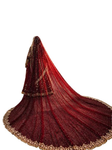 Maroon Bridal Dupatta Veil, Soft Net, 3+ Meter, Diamond Stone Embellished with Scallop Lace, latkan lace Maharani Style-image-13