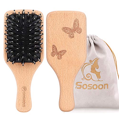 Hair Brush, Sosoon Portable Small Boar Bristle Paddle Hairbrush for Long Thick Curly Wavy Dry or Damaged Hair, Reducing Hair Breakage and Frizzy No More Tangle, 1 Pack
