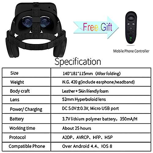 VR Brille für Handys, Bluetooth VR Headset für iPhone/ Samsung Handy 3D Virtual Reality Brille mit kabelloser Fernbedienung, VR Brille für Filme und Spiele kompatibel mit Android/iOS-Handys (schwarz) - Image 7
