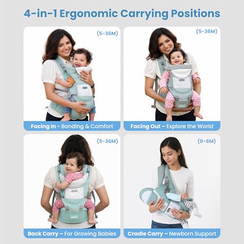 Image of Cherilo Baby Carrying Bag with 4 Carry Positions, Hip Seat Baby Carrier for 0 to 3 Year Baby, Adjustable New Born to Toddler Carrier up to 15 Kgs (Green)