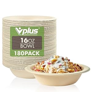 Vplus 180 Pack 16 OZ Paper Bowls, Disposable Compostable Bowls Bulk, Eco-friendly Bagasse Bowls, Heavy-duty Bowls Perfect for Milk Cereals, Snacks, Salads