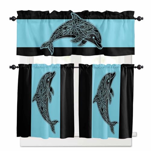Dolphin Black Kitchen Curtains 24 Inch Length, 3 Piece Rod Pocket Small Half Tiers and Valance Set, Nautical Mandalas Blue Boho Abstract Small Large Window Treatment Decor for Bedroom/Bathroom Sink
